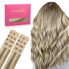 Wennalife Tape In Hair Extensions Ash Brown with Platinum Highlights front view