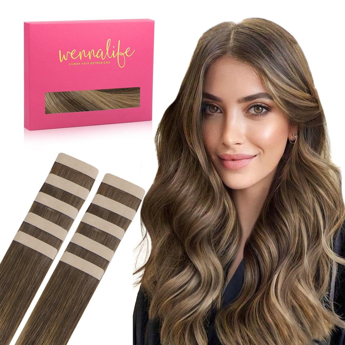 Wennalife Tape in Hair Extensions Balayage Chocolate Brown to Caramel Blonde front view