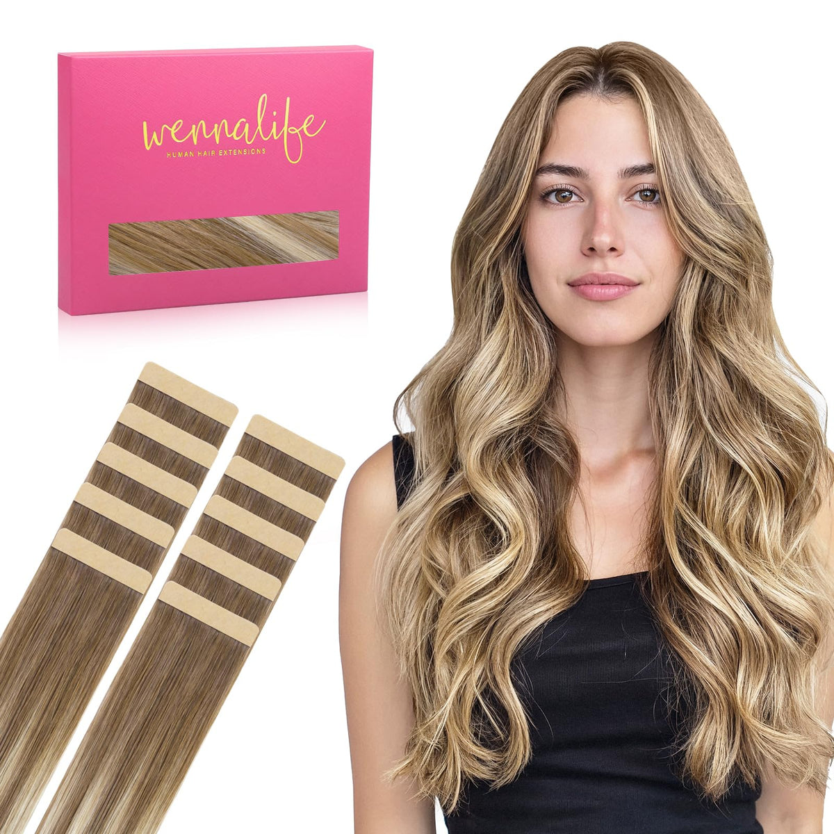 Wennalife Tape in Hair Extensions Balayage Dirty Blonde front view