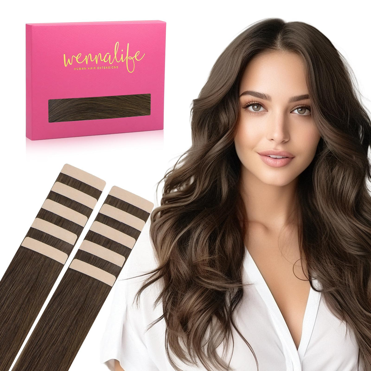 Wennalife Tape in Hair Extensions Chocolate Brown 20 inch front view