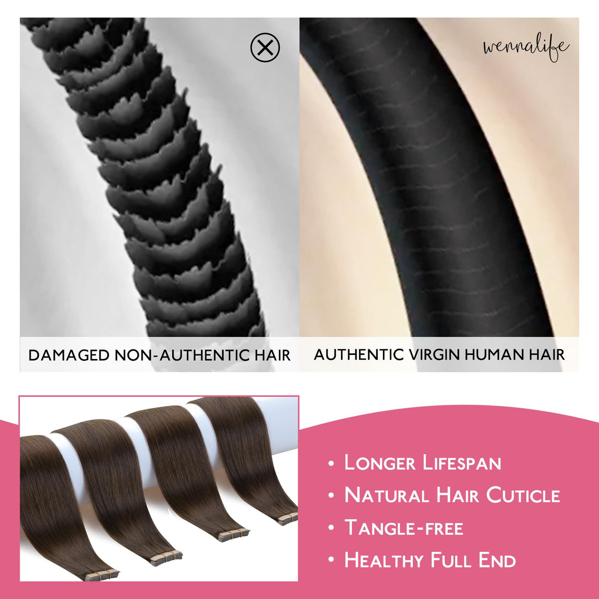 Wennalife Tape In Hair Extensions Chocolate Brown displayed with styling tools