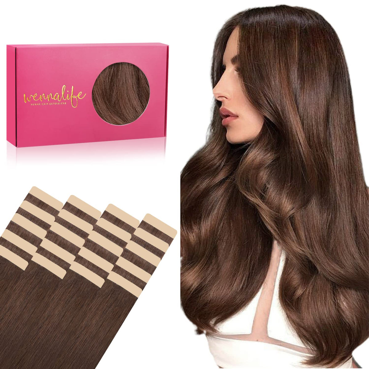 Wennalife Tape in Hair Extensions Chocolate Brown front view