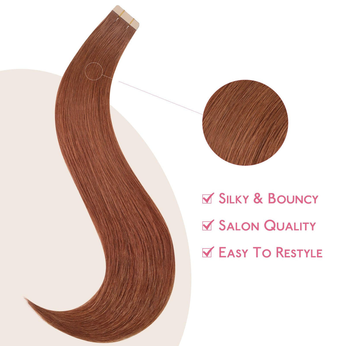 Wennalife Tape In Hair Extensions Cinnamon Copper displayed on a model