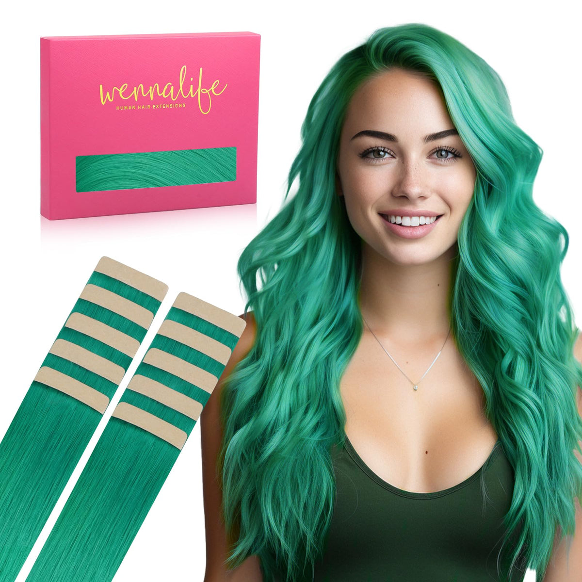 Wennalife Tape in Hair Extensions Green 22 inch front view