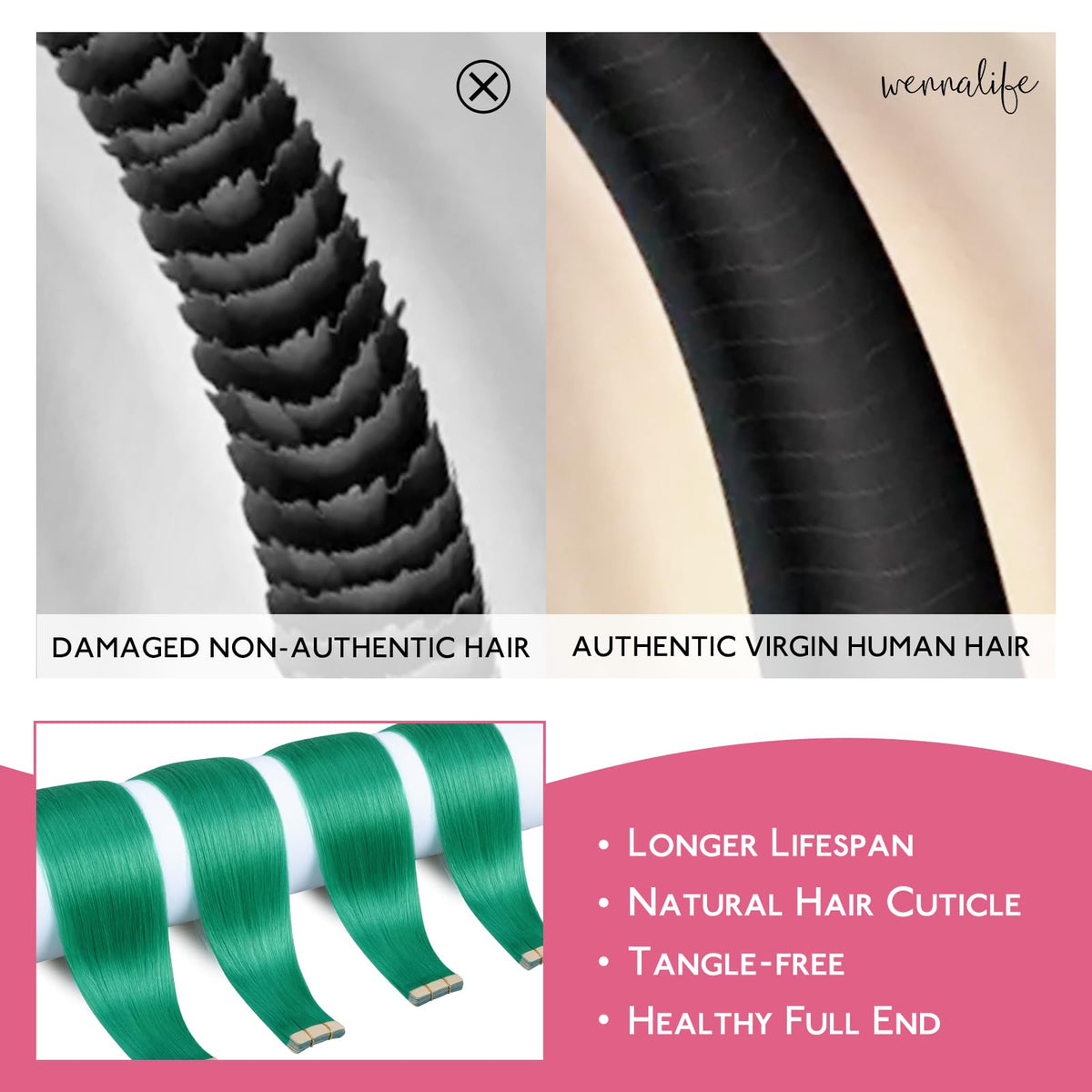 Wennalife Tape in Hair Extensions Green close-up of tape