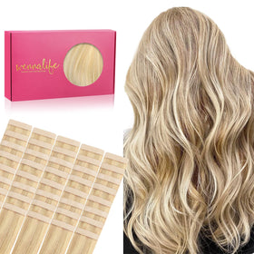 Wennalife Tape in Hair Extensions Light Blonde Highlighted Golden Blonde front view