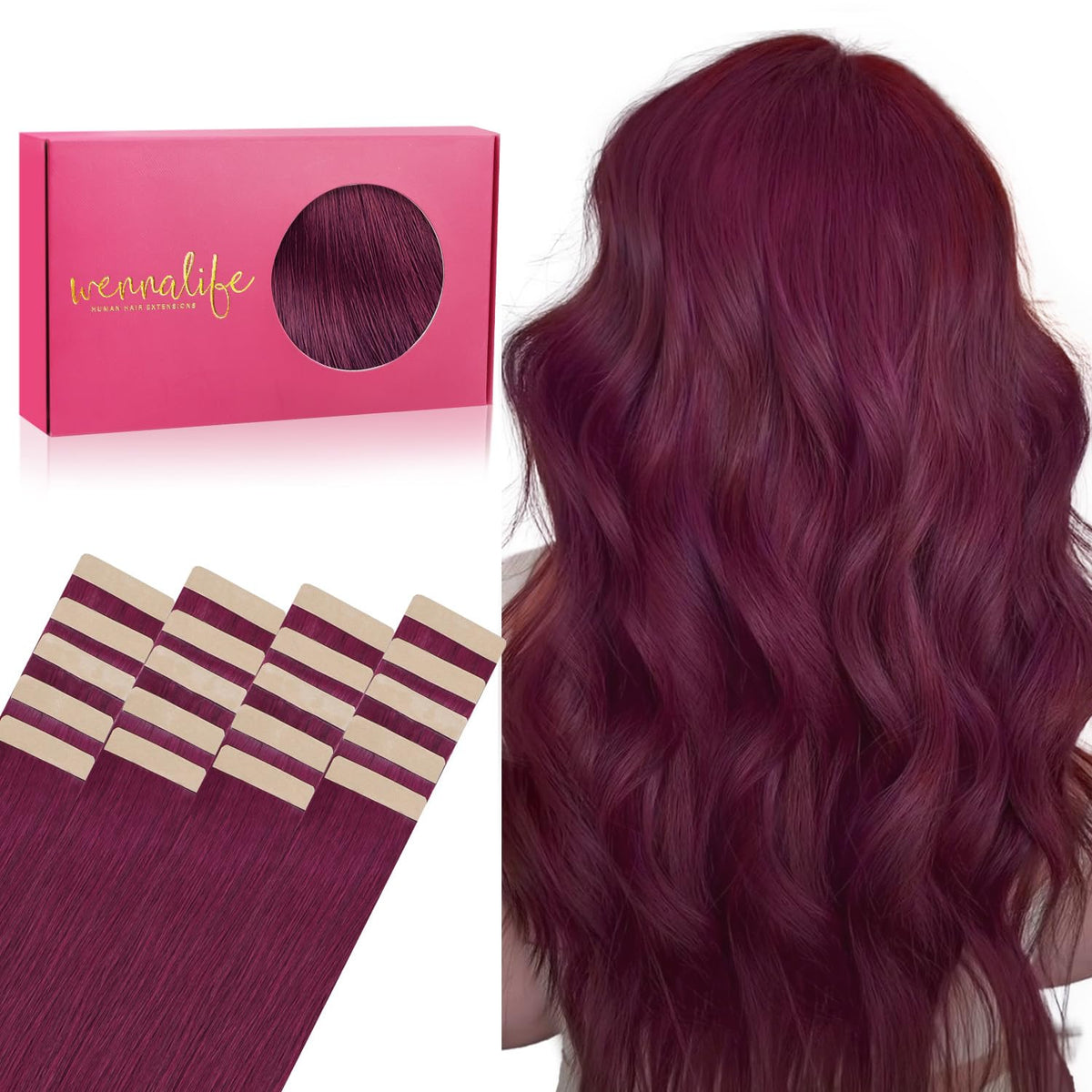 Wennalife Tape in Hair Extensions Light Burgundy front view