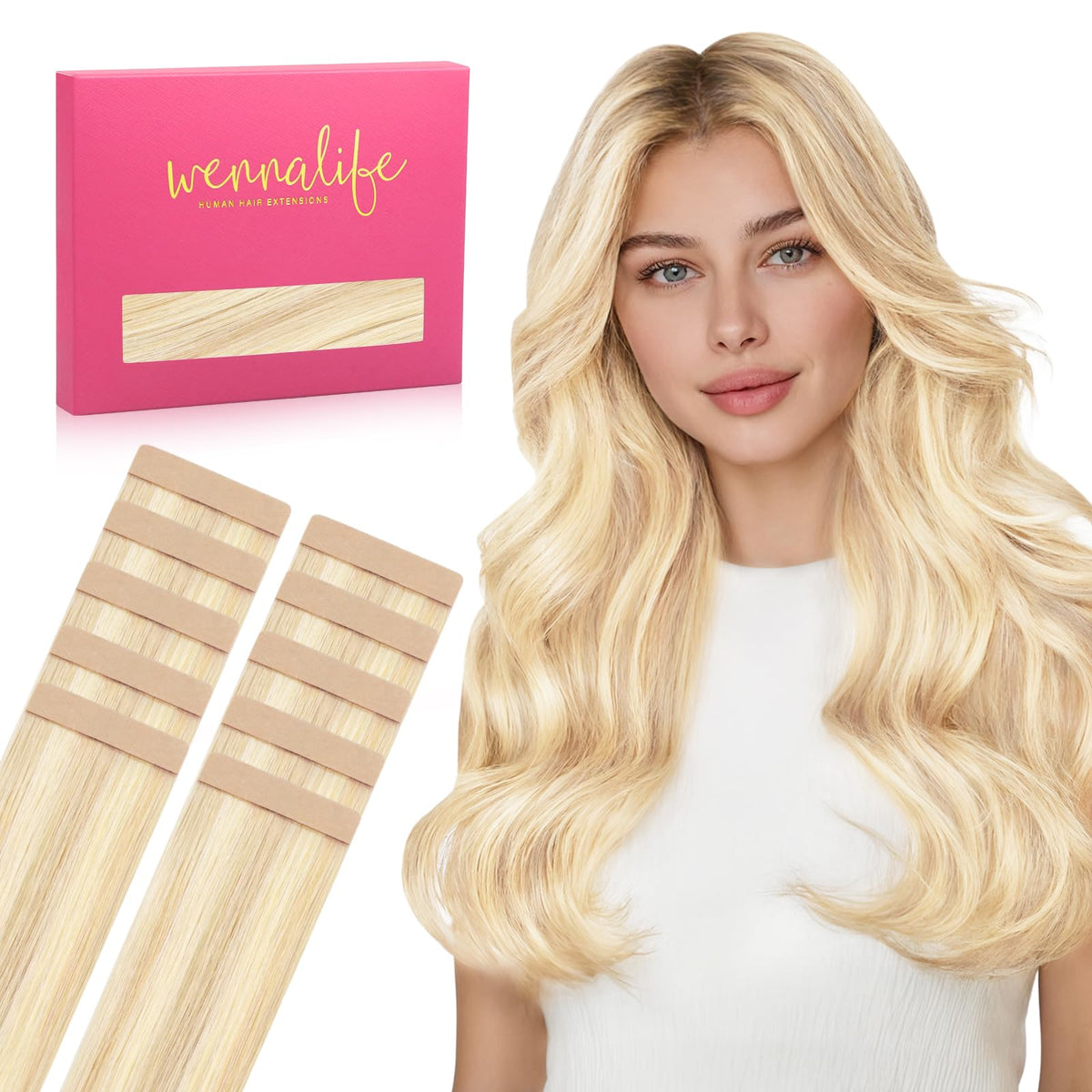 Wennalife Tape in Hair Extensions Light Wheat Platinum Blonde front view