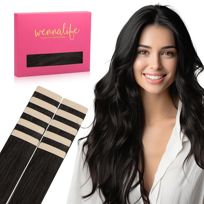 Wennalife Tape In Hair Extensions Natural Black 24 inch front view