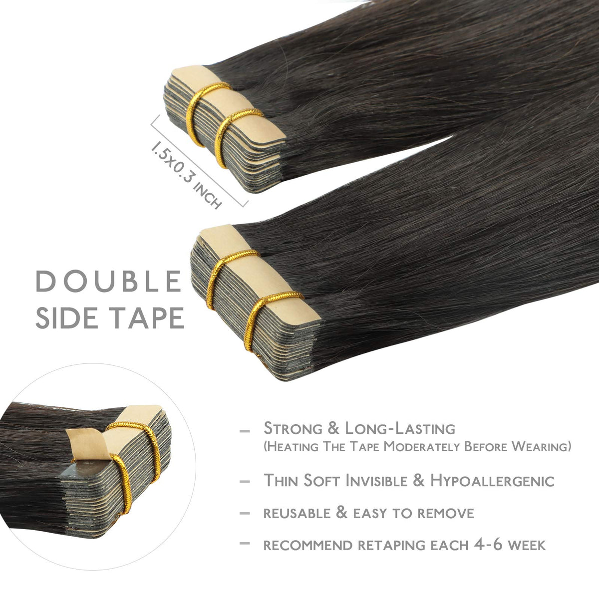 Wennalife Tape in Hair Extensions Natural Black close-up of tape