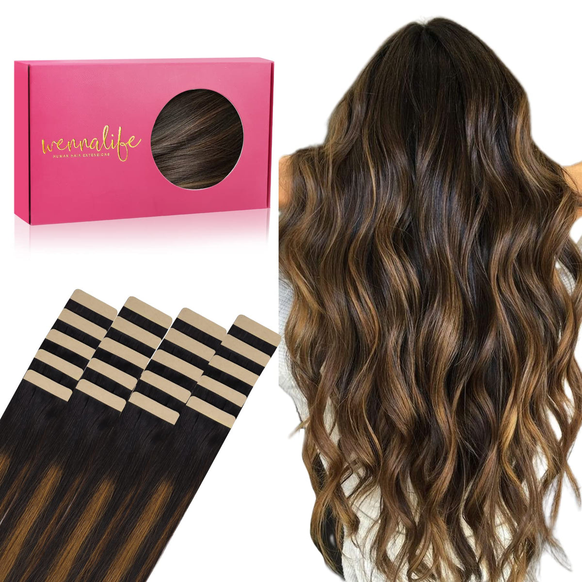 Wennalife Tape in Hair Extensions Remy Human Hair front view