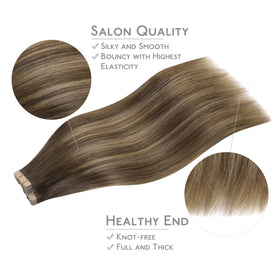 Wennalife Tape in Hair Extensions showing colour gradient from brown to blonde