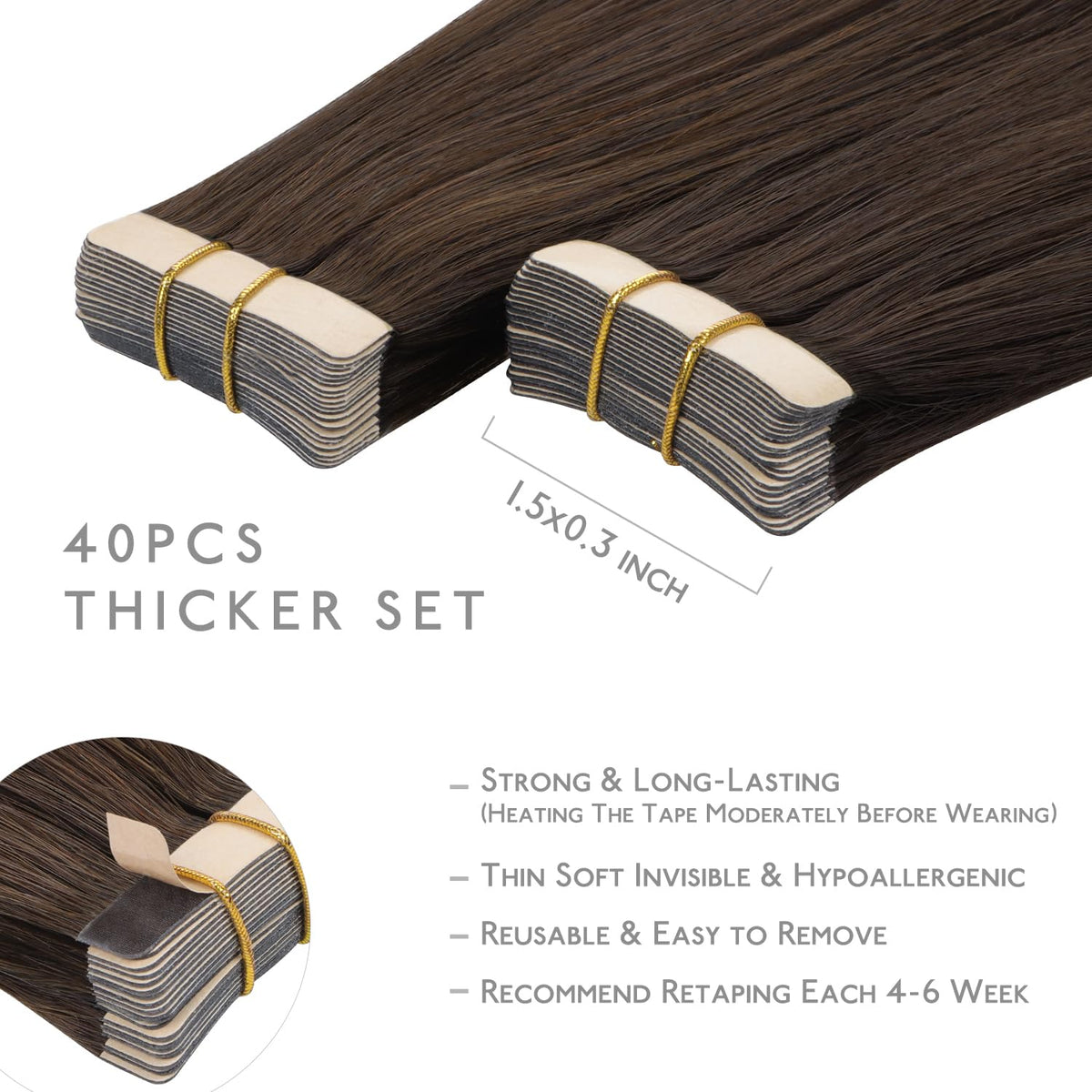 Wennalife Tape in Hair Extensions showing the chocolate brown colour