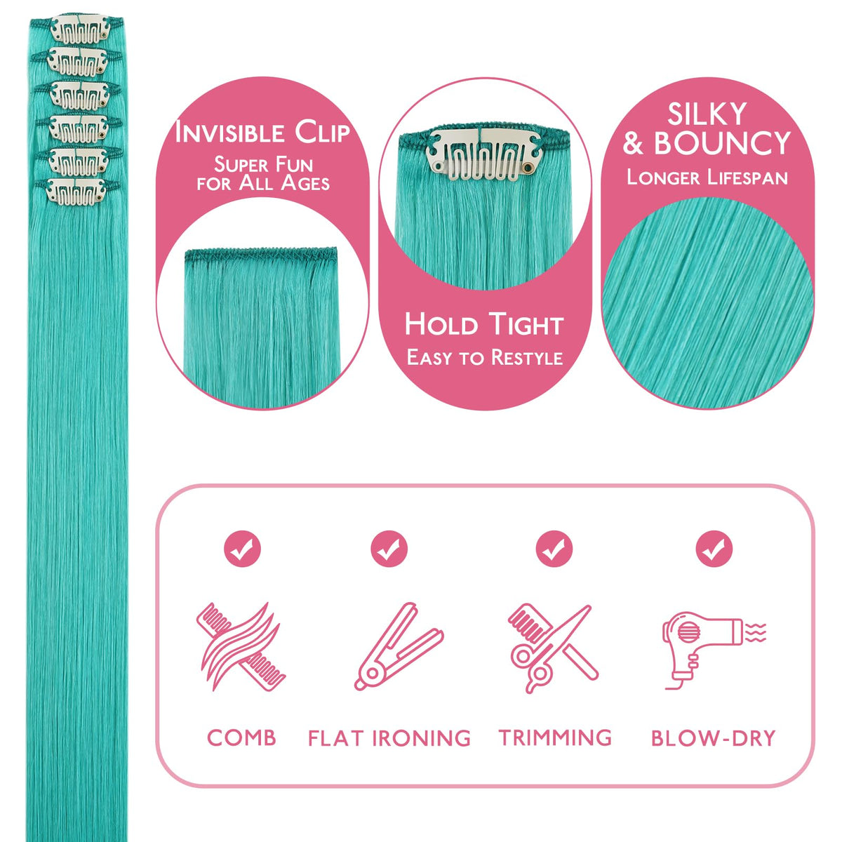 Wennalife Teal Green Clip-In Hair Extensions close-up of clips