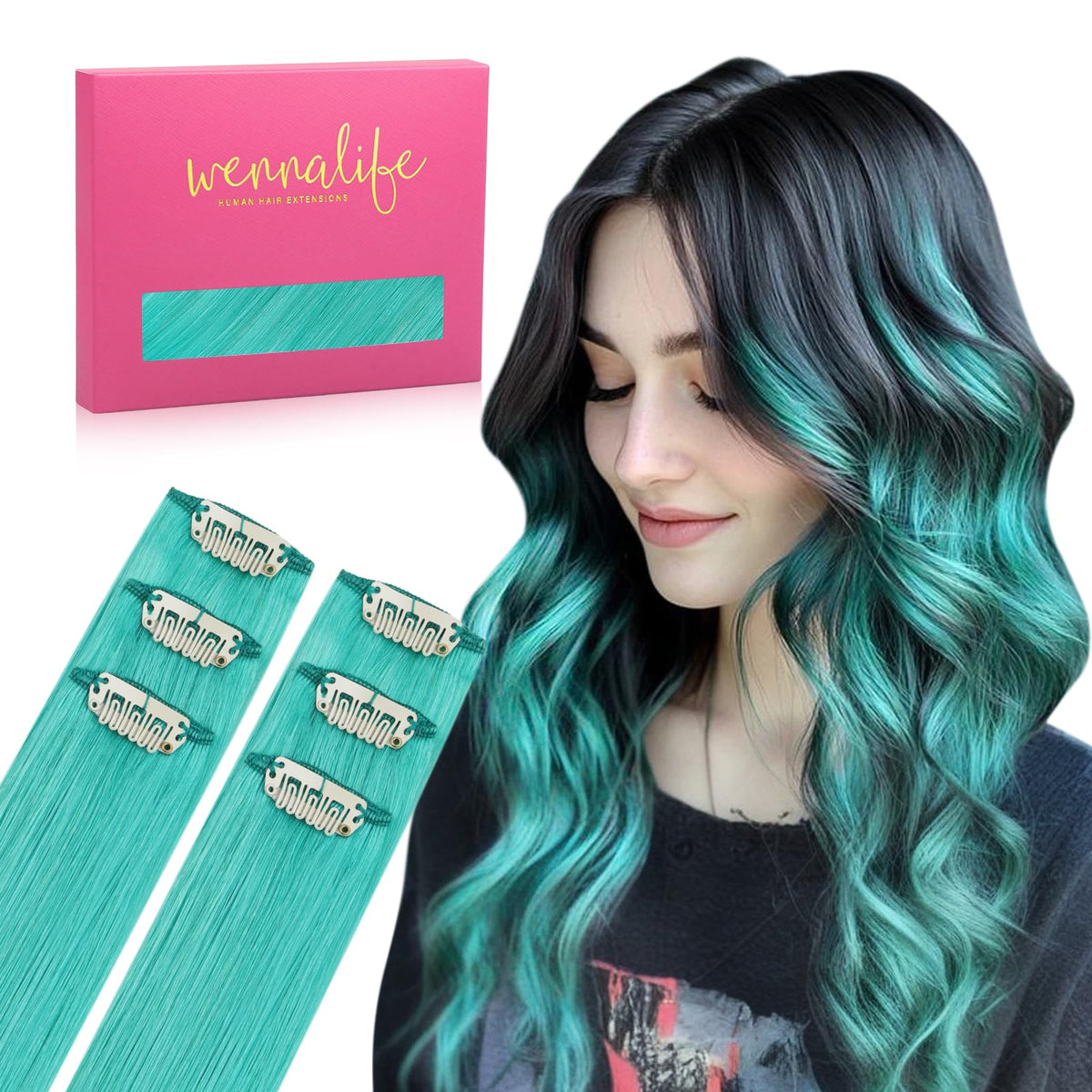 Wennalife Teal Green Clip-In Hair Extensions front view