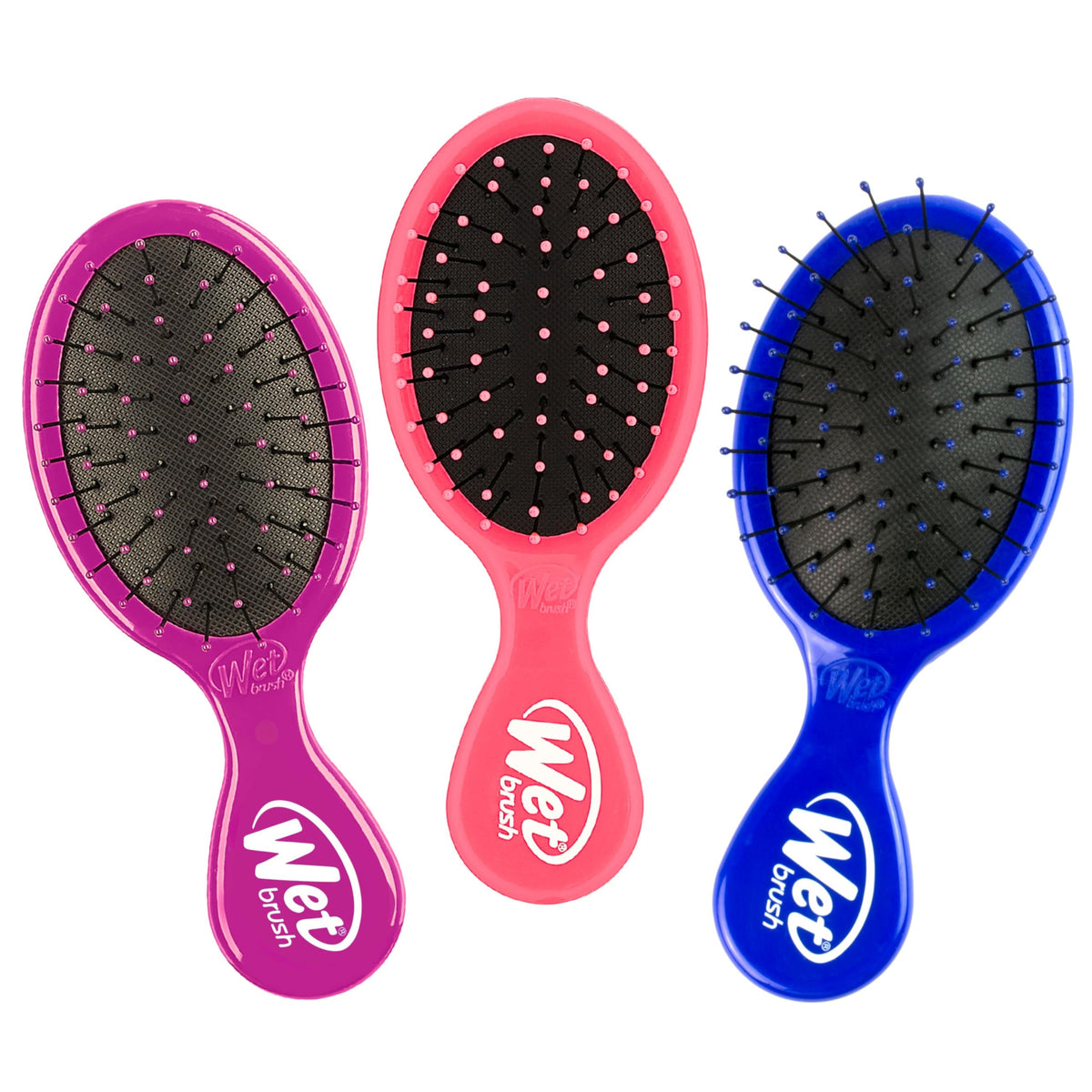 Wet Brush Mini Detangler set in pink, purple, and blue front view