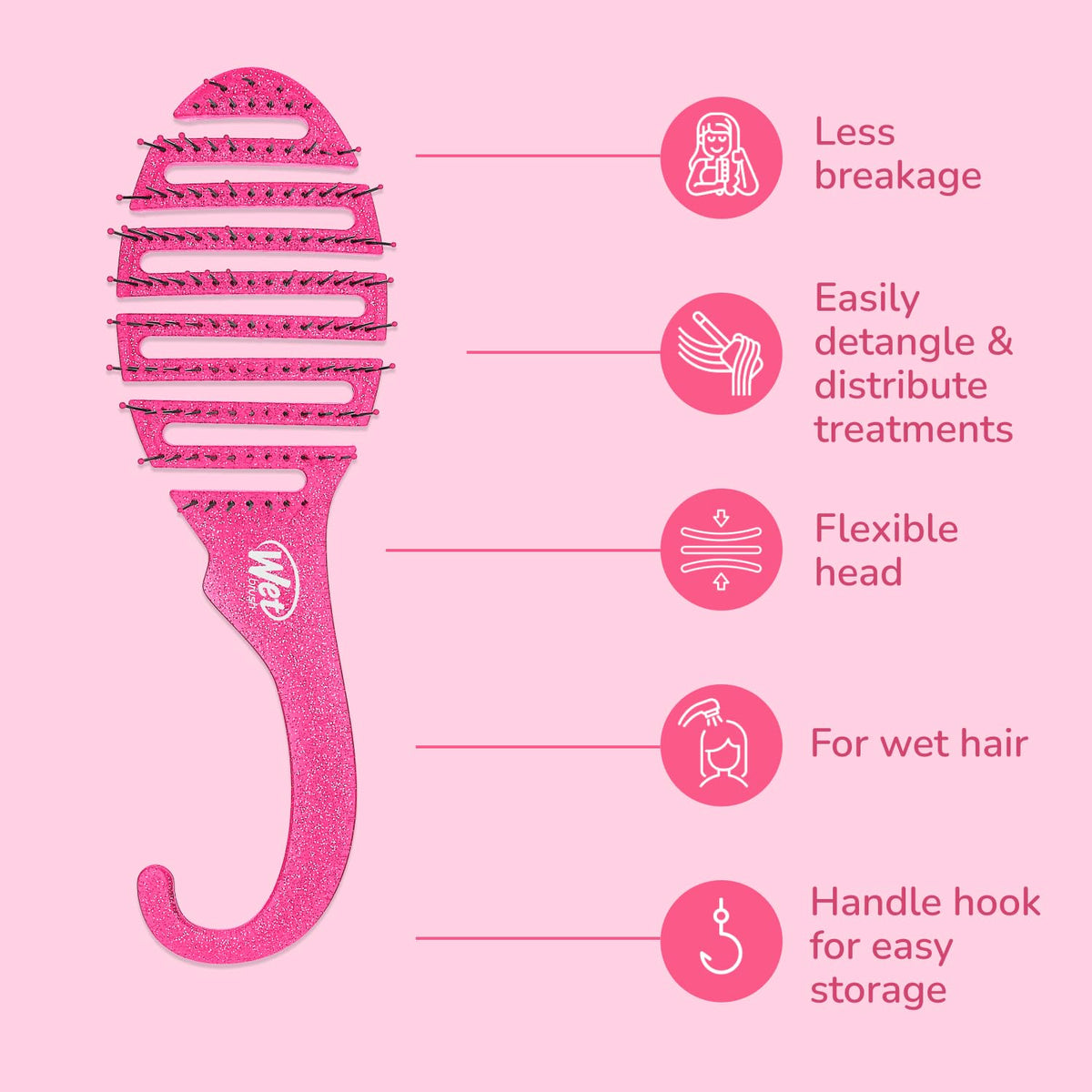 Wet Brush Shower Detangler hanging on a shower hook
