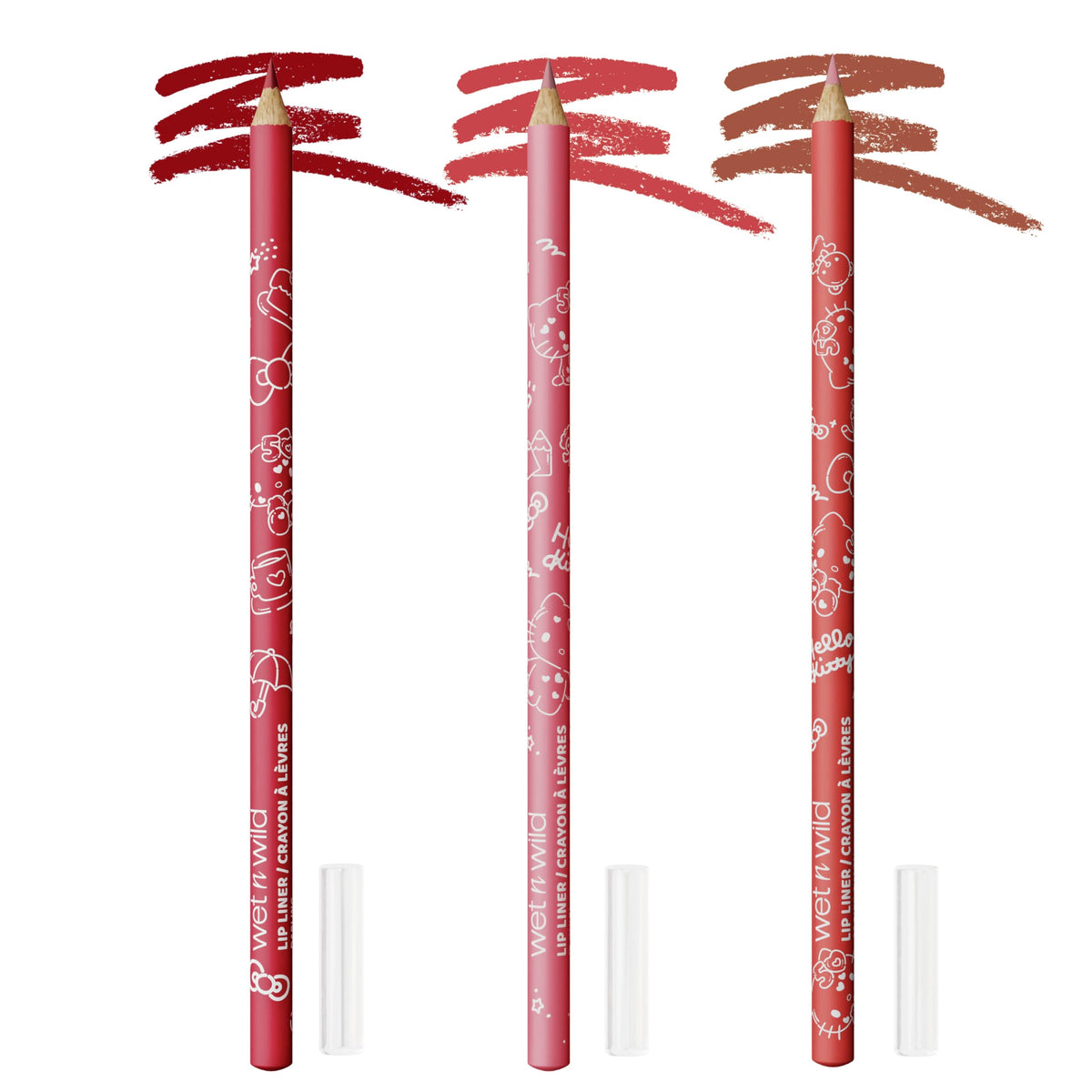 wet n wild Hello Kitty Lip Liner Pencil Set front view with three shades
