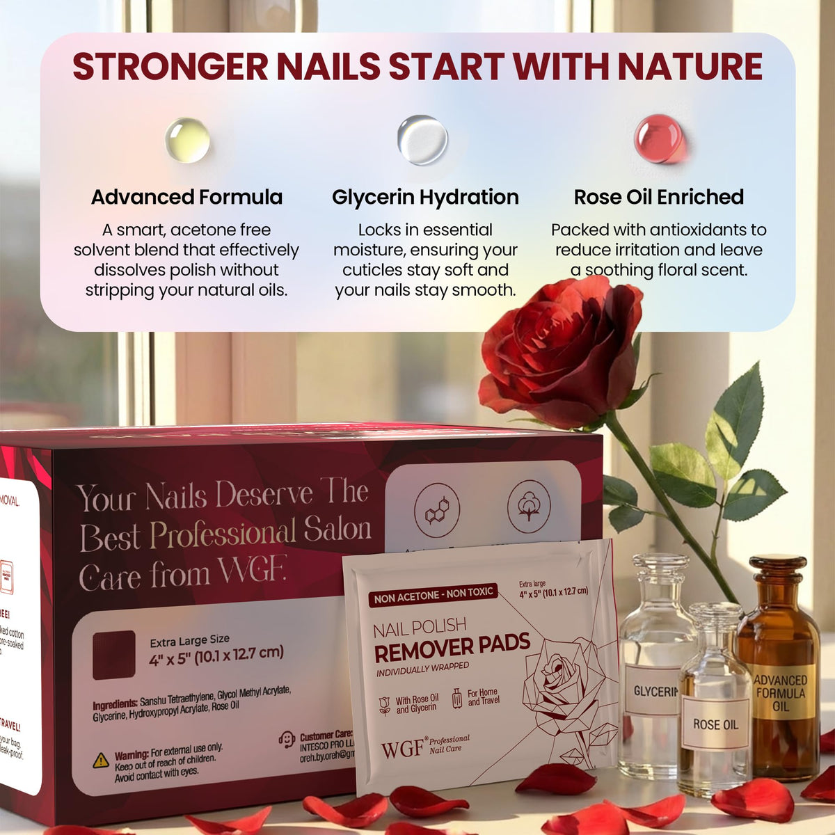 WGF Nail Polish Remover Pad with Rose Oil ingredient label