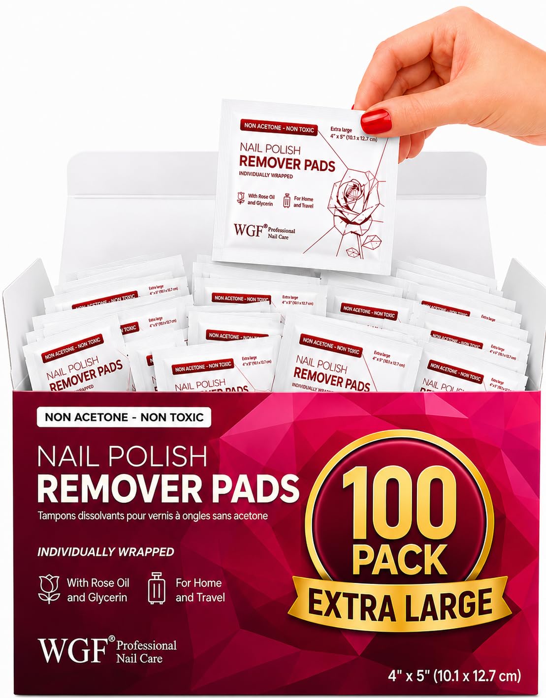 WGF PROFESSIONAL NAIL CARE Nail Polish Remover Pads 100 pack front view