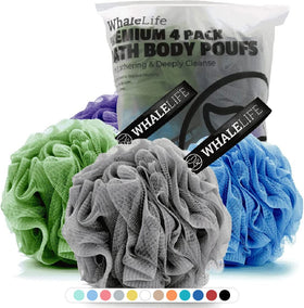 WhaleLife Bath Loofah Sponge 4-Pack in grey, blue, green, and purple