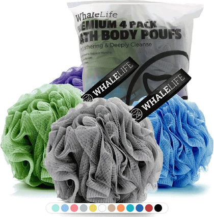 WhaleLife Bath Loofah Sponge 4-Pack in grey, blue, green, and purple