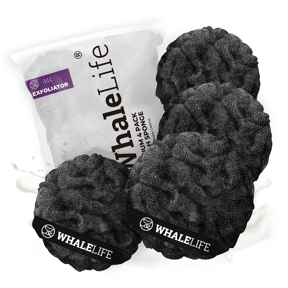 WhaleLife Loofah Sponge 4 Pack in black with rough surface