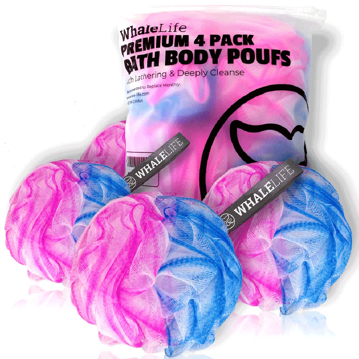 WhaleLife Loofah Sponge Set of 4 in blue and pink