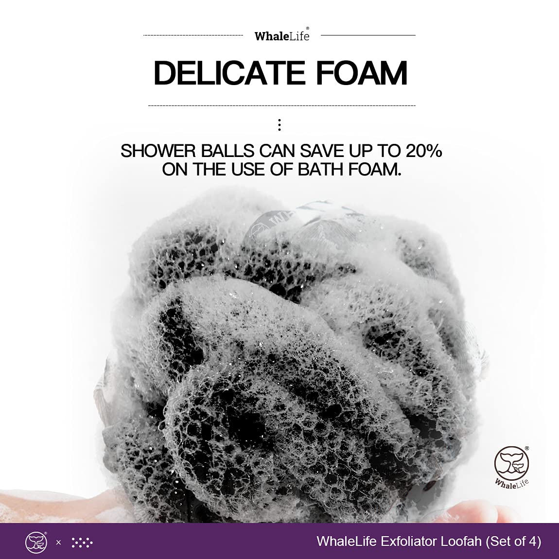 WhaleLife loofah sponge showing durable knot technology
