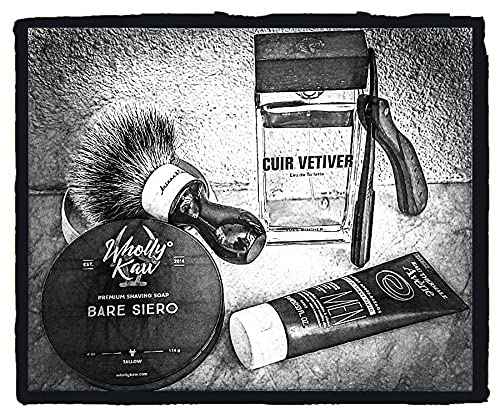 Wholly Kaw Bare Siero Tallow Shaving Soap on a wooden surface