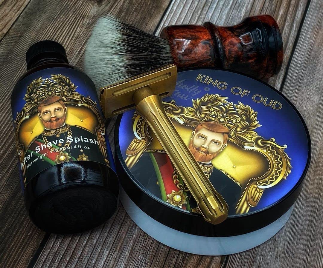 Wholly Kaw King of Oud Shaving Soap on a bathroom counter
