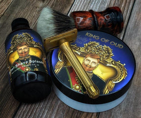 Wholly Kaw King of Oud Shaving Soap on a bathroom counter