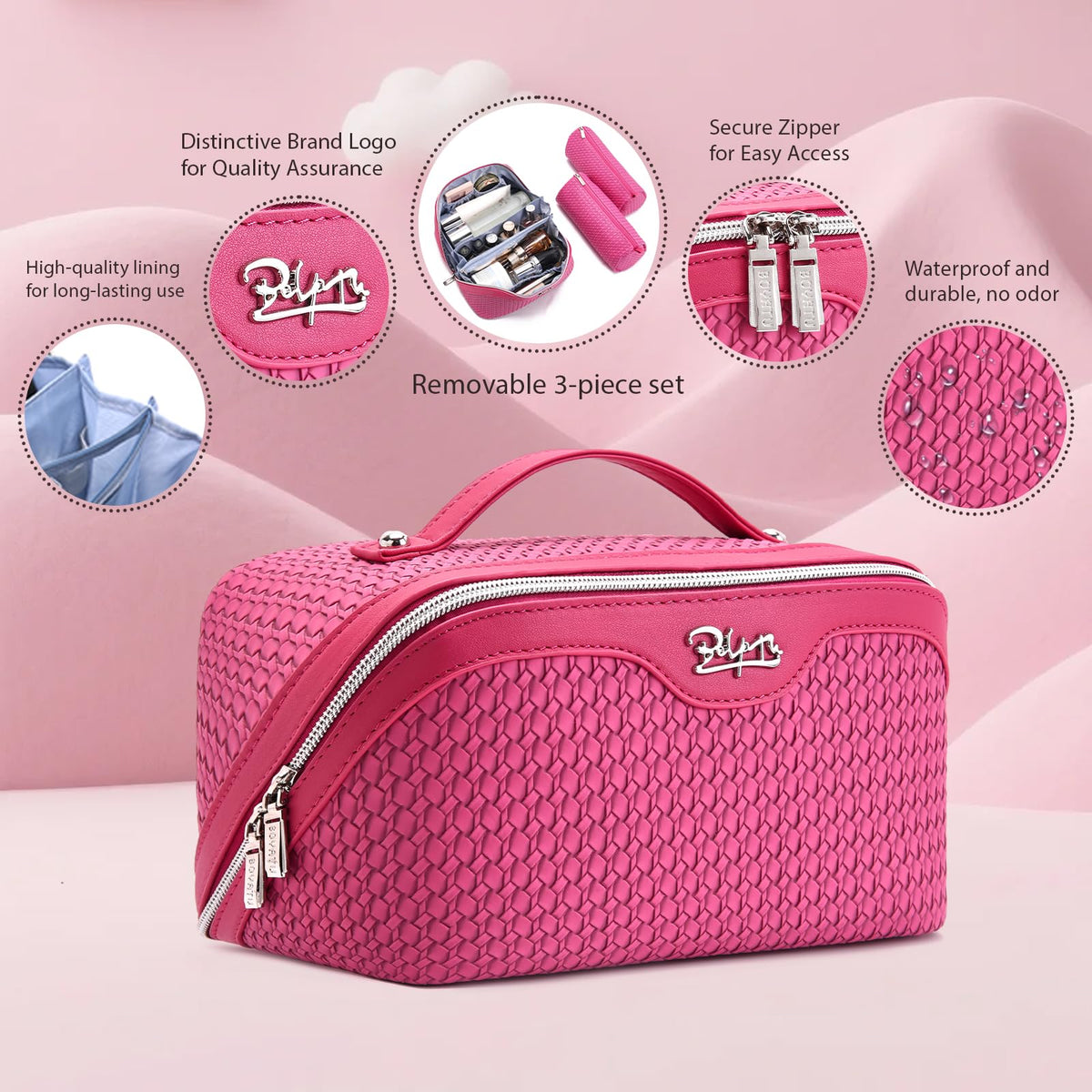 Wide opening of BOYATU makeup bag showing interior compartments