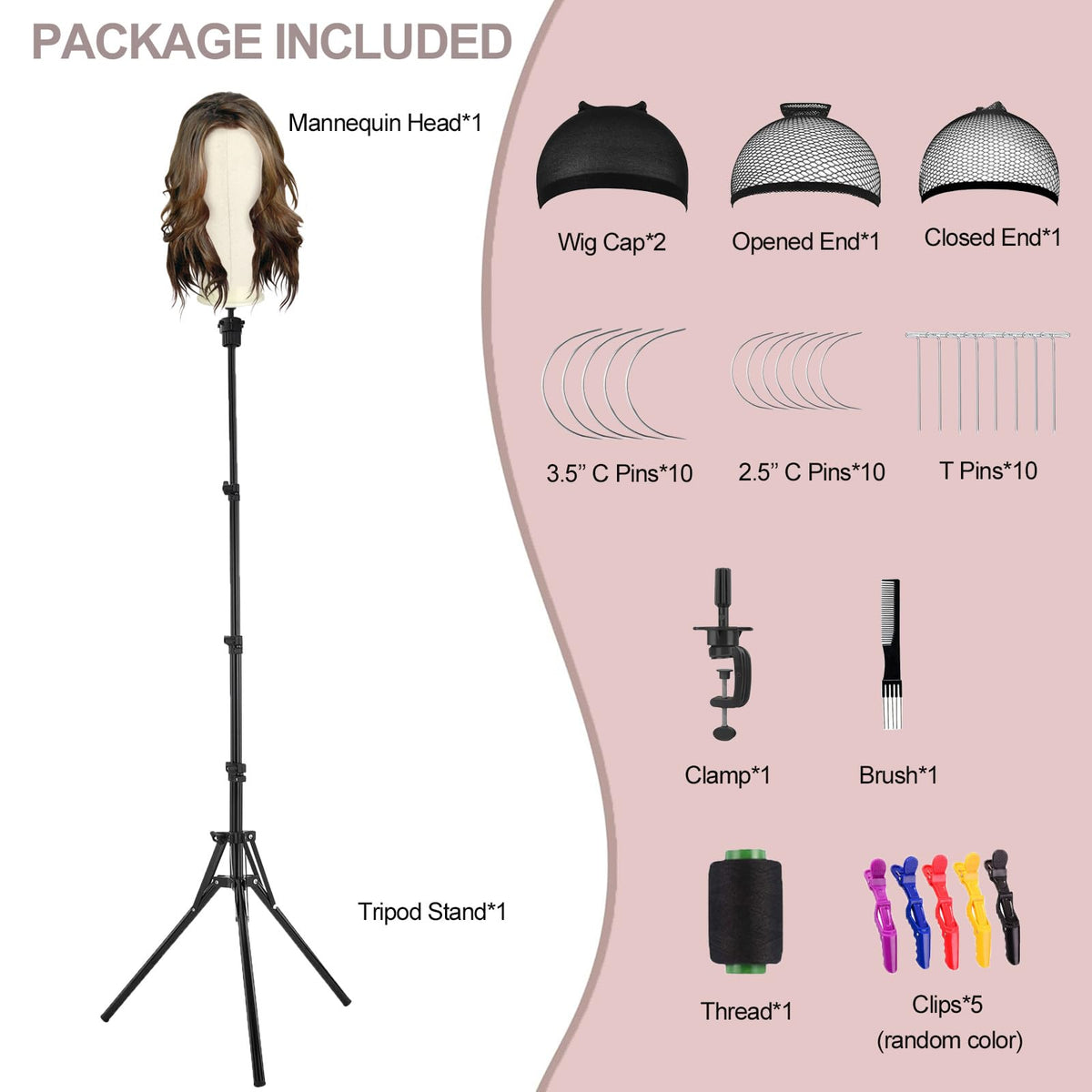 Wig head on tripod stand displaying a wig