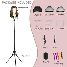 Wig head on tripod stand displaying a wig