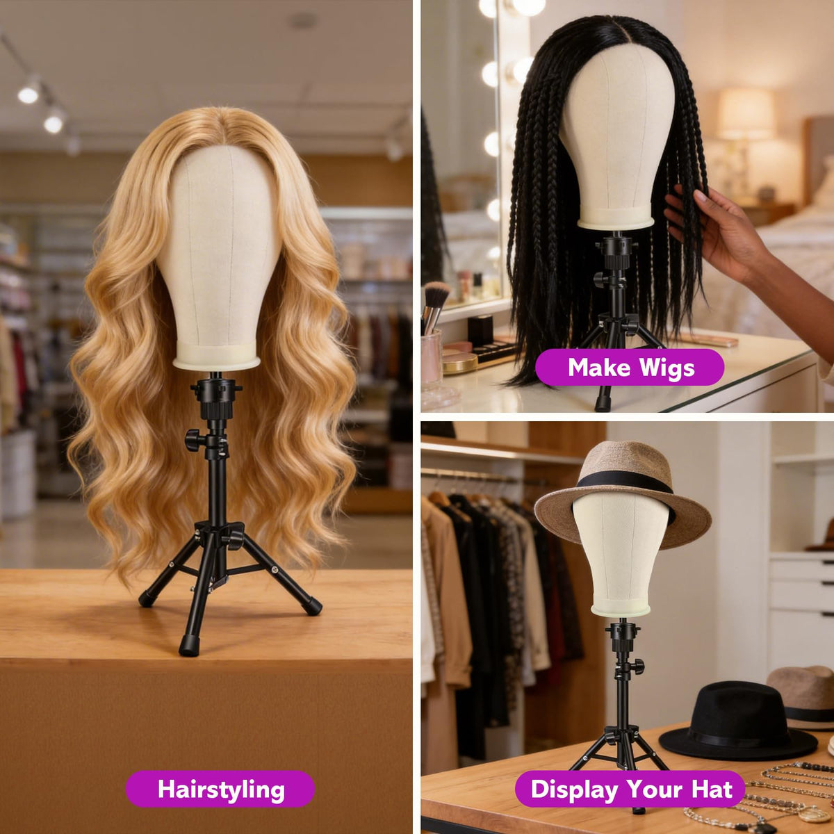 Wig head with hair brush beside it