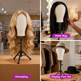 Wig head with hair brush beside it