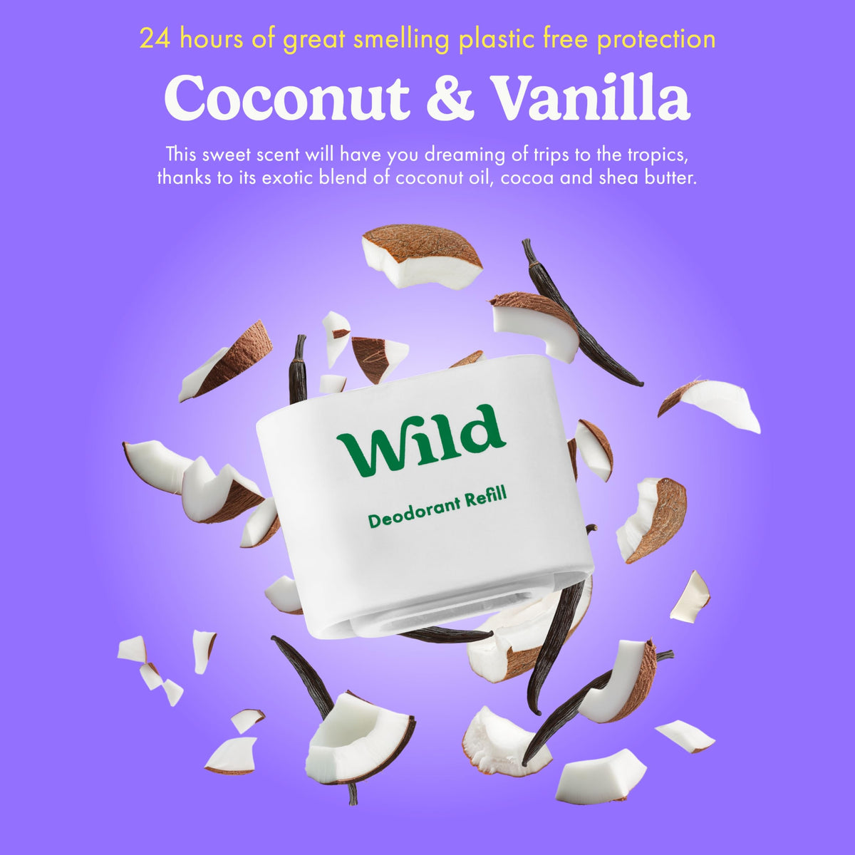 Wild Deodorant Coconut & Vanilla scent ingredients display