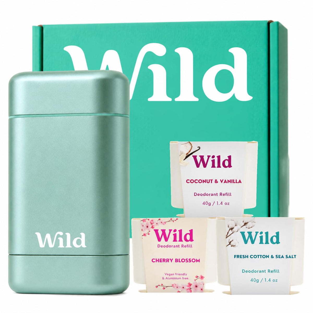 Wild Natural Deodorant Starter Kit with refillable aqua case and three scents