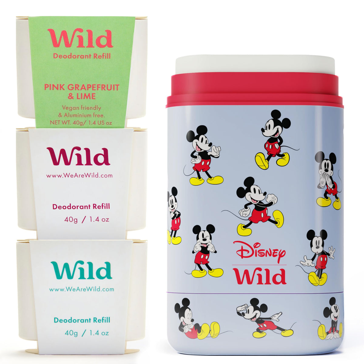 Wild Refillable Deodorant Starter Kit with Mickey Mouse case front view