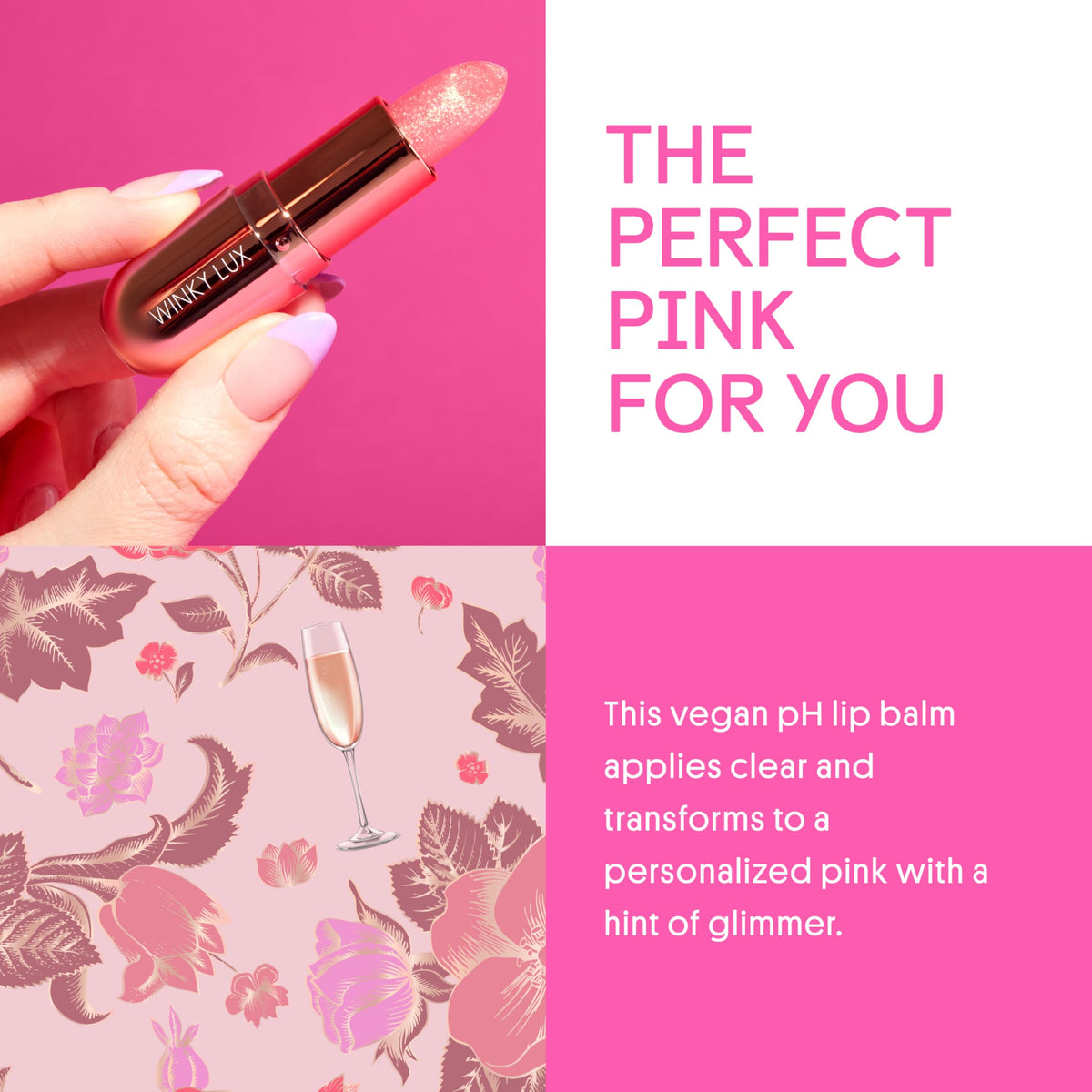 Winky Lux Rosé Glimmer Balm applied on lips for a pink hue