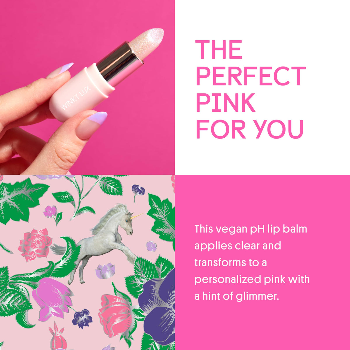 Winky Lux Unicorn Glimmer Balm applied on lips for a personalised pink hue