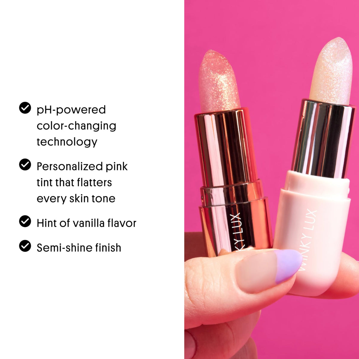 Winky Lux Unicorn Glimmer Balm with a background of vanilla flowers