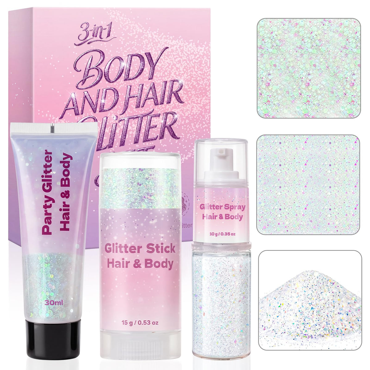WITOROR 3-in-1 Body Glitter Set with glitter gel, stick, and spray