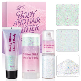 WITOROR 3-in-1 Body Glitter Set with glitter gel, stick, and spray
