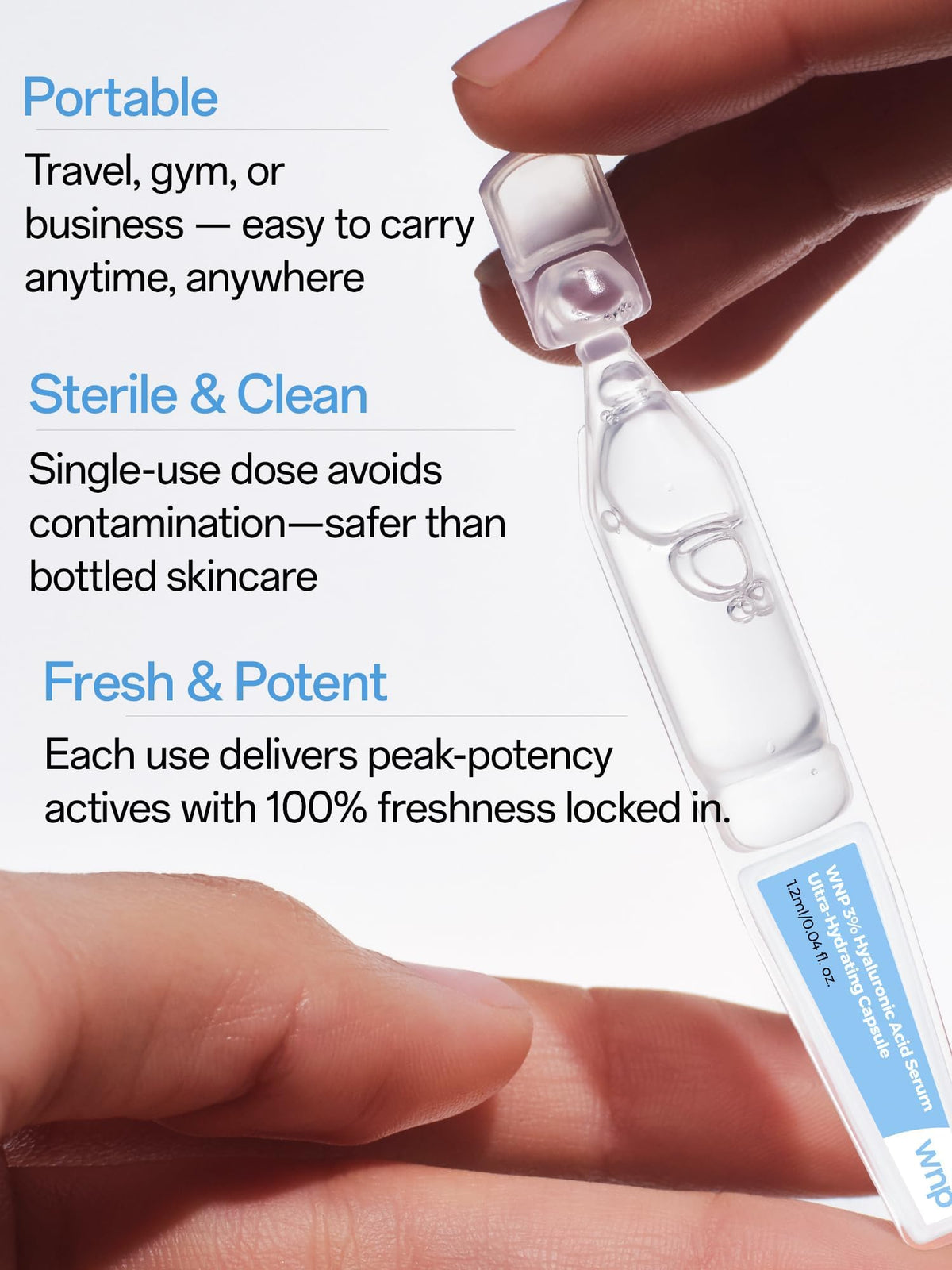 WNP Hyaluronic Acid Face Serum 3% Hydrating Ampoule in a travel bag