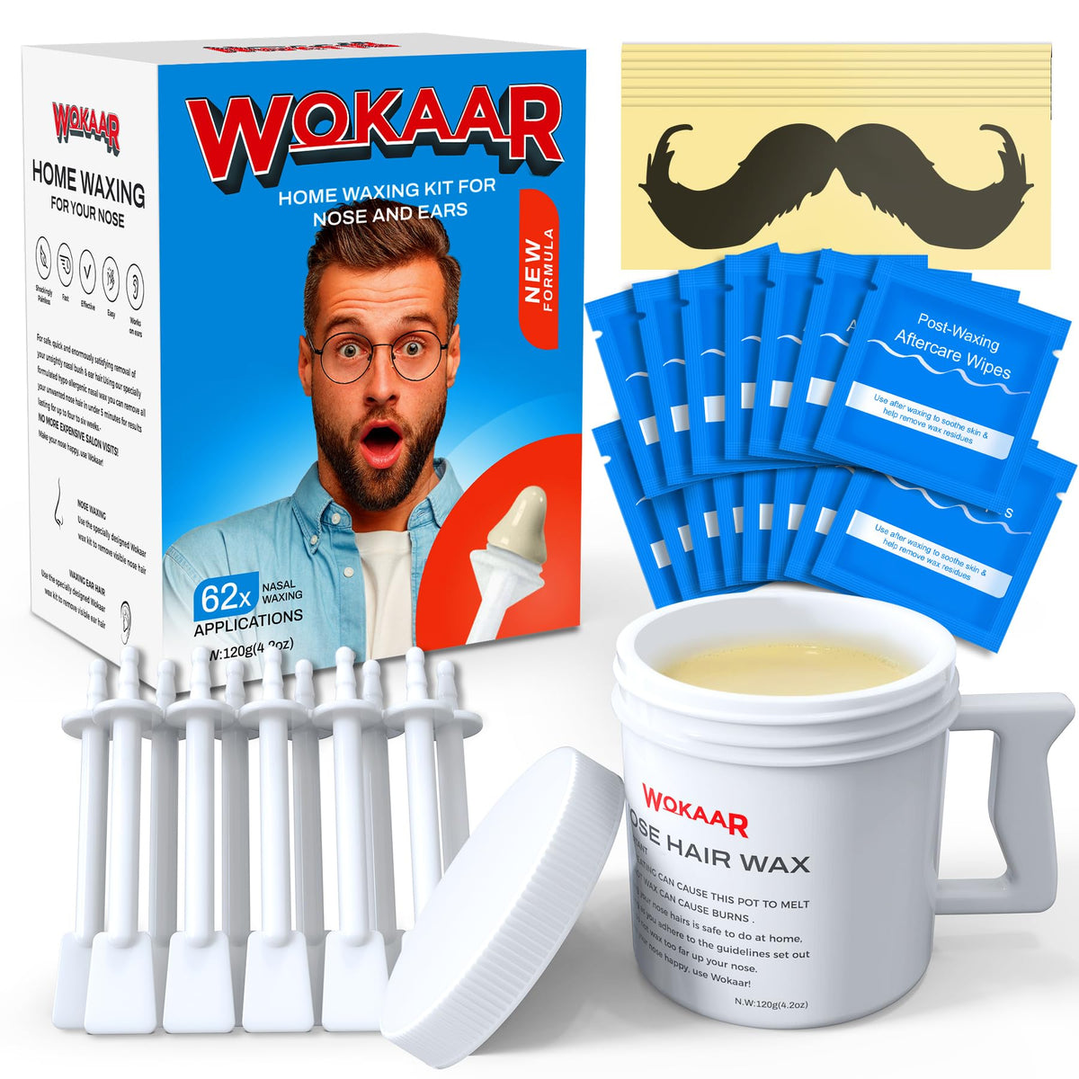 Wokaar Nose Wax Kit front view with wax and applicators