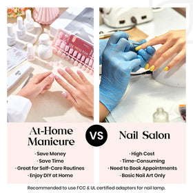 Woman applying beetles press on nails at home
