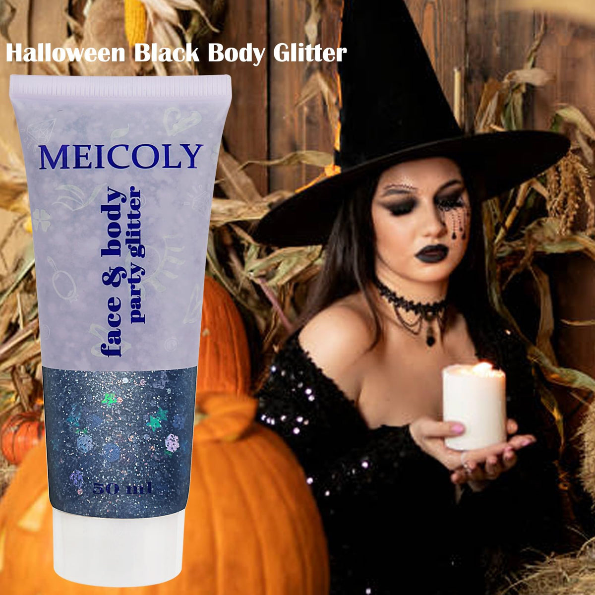 Woman applying MEICOLY glitter to her hair