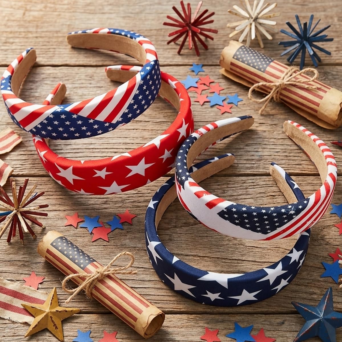 Woman wearing Huachi patriotic headband at a summer BBQ